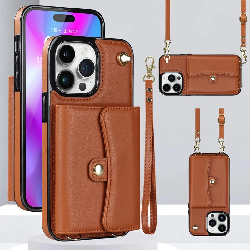 Wallet Case For iPhone 16 Pro Max 15 Plus 14 13 Mini 12 11 SE3/2022 SE2/2020 XS XR 8 7 Diagonal Strap With Bracket Leather Cover