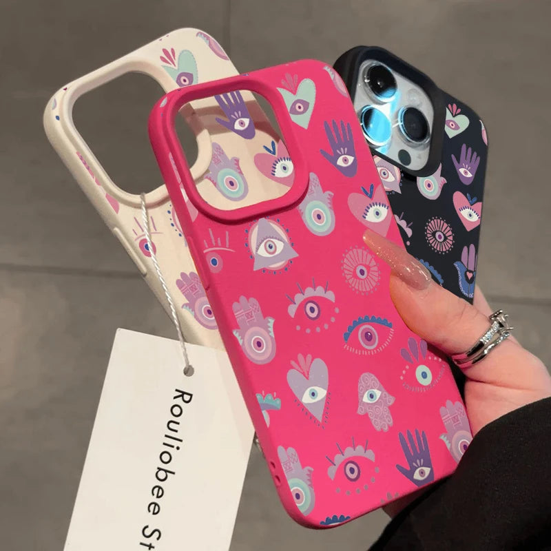 For iPhone 17 16 15 14 13 12 11 Pro Max Plus Case Pink Purple Eyes Lichee Pattern Silicone Cover For iPhone XS XR X 16e Funda
