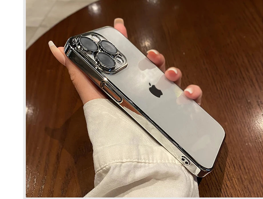 Luxury Plating Clear Silicone Phone Case For iPhone 16 17 15 14 13 12 11 Pro XR XS Max Mini Plus Lens Protection Case Back Cover