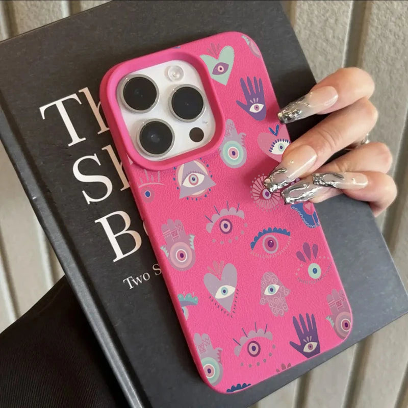 For iPhone 17 16 15 14 13 12 11 Pro Max Plus Case Pink Purple Eyes Lichee Pattern Silicone Cover For iPhone XS XR X 16e Funda