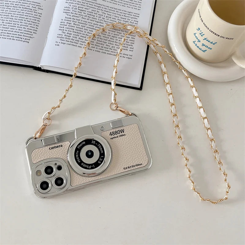 classic Emily In Paris Retro Camera For iPhone 14 16 plus 15 13 12 16 11 Pro Max aslant Lanyard Camera Phone Leather cover case