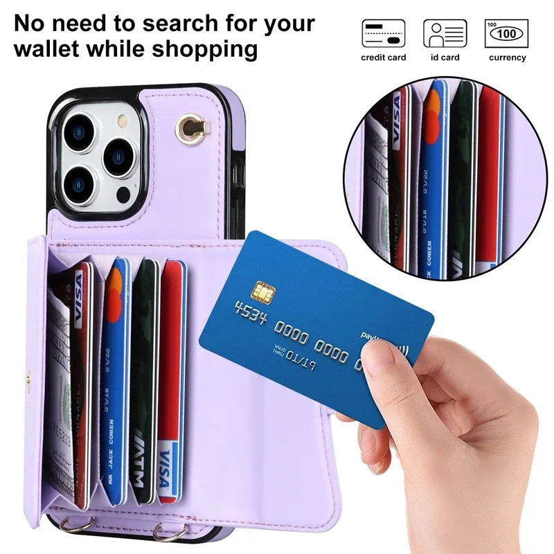 Wallet Case For iPhone 16 Pro Max 15 Plus 14 13 Mini 12 11 SE3/2022 SE2/2020 XS XR 8 7 Diagonal Strap With Bracket Leather Cover
