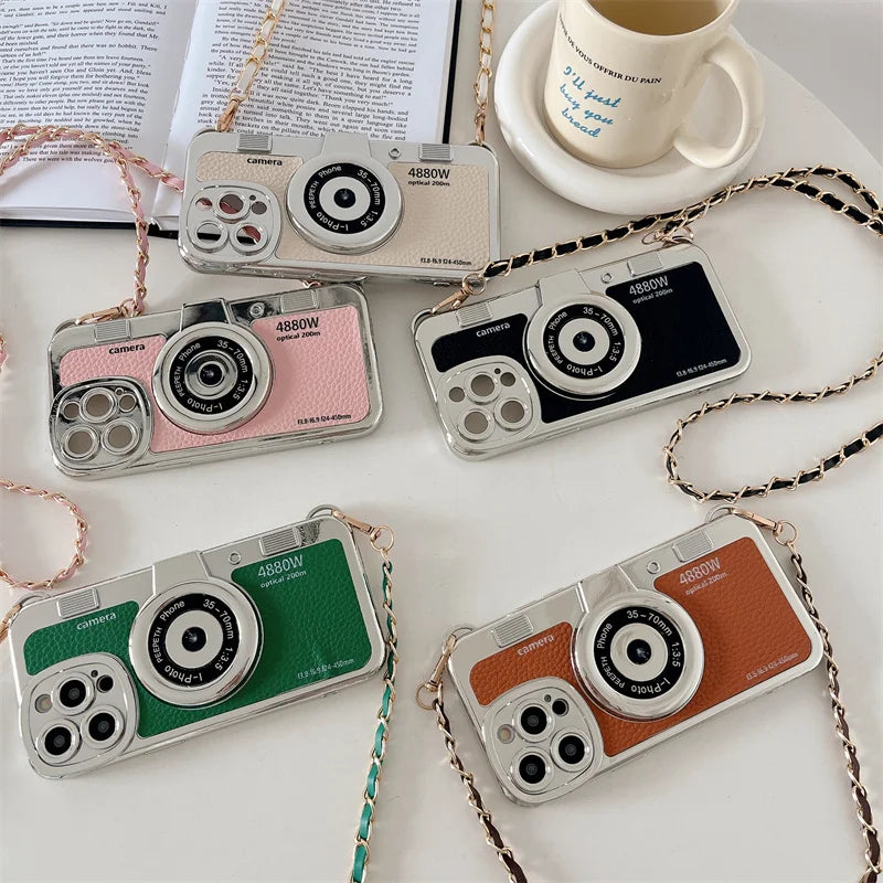 classic Emily In Paris Retro Camera For iPhone 14 16 plus 15 13 12 16 11 Pro Max aslant Lanyard Camera Phone Leather cover case