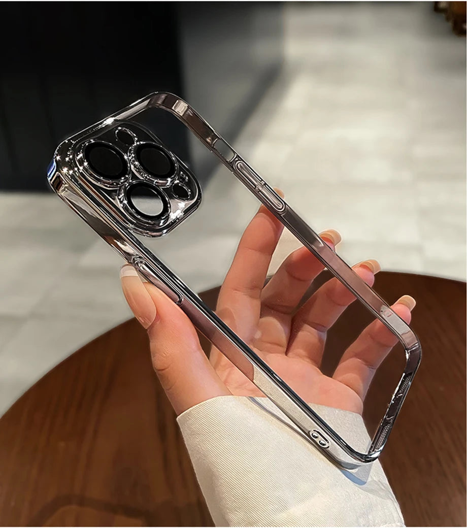 Luxury Plating Clear Silicone Phone Case For iPhone 16 17 15 14 13 12 11 Pro XR XS Max Mini Plus Lens Protection Case Back Cover