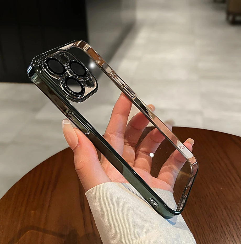 Luxury Plating Clear Silicone Phone Case For iPhone 16 17 15 14 13 12 11 Pro XR XS Max Mini Plus Lens Protection Case Back Cover
