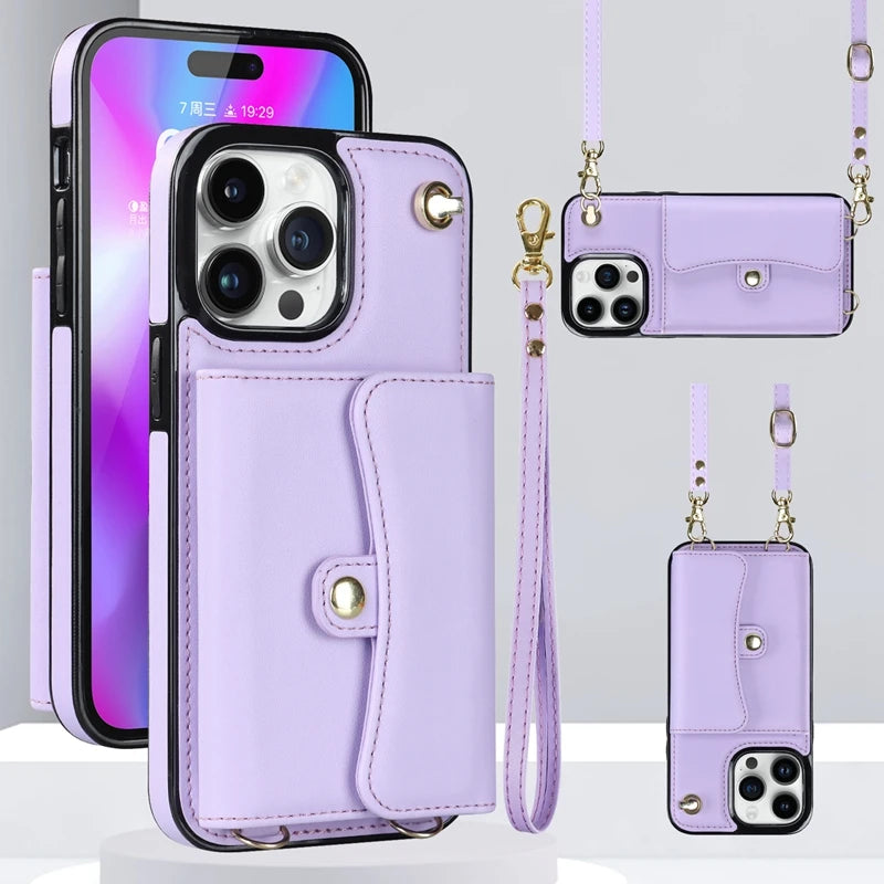 Wallet Case For iPhone 16 Pro Max 15 Plus 14 13 Mini 12 11 SE3/2022 SE2/2020 XS XR 8 7 Diagonal Strap With Bracket Leather Cover