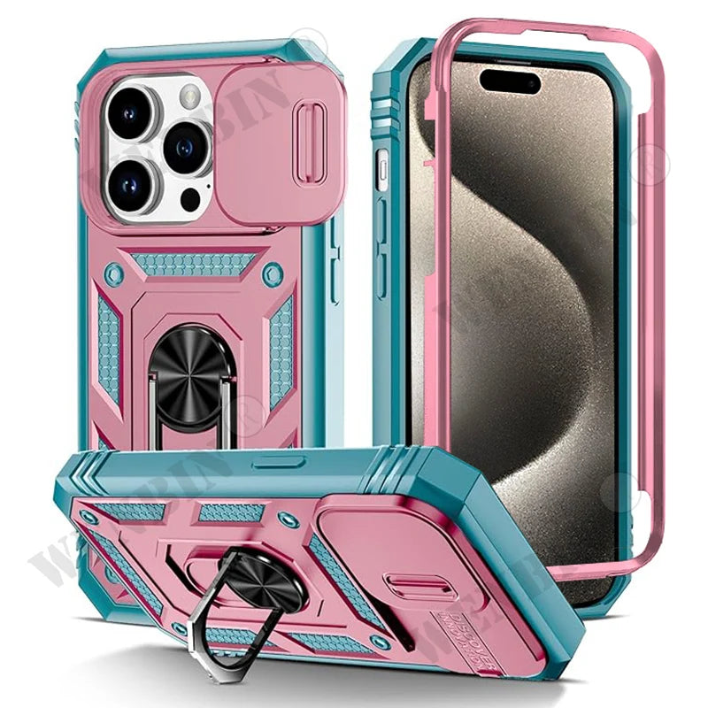 Case For iPhone 17 16 16e 15 14 13 12 11 Pro Max Plus Mini XS XR 8 Plus 8 7 SE Heavy Duty with Camera 360 Degree Kickstand Cover