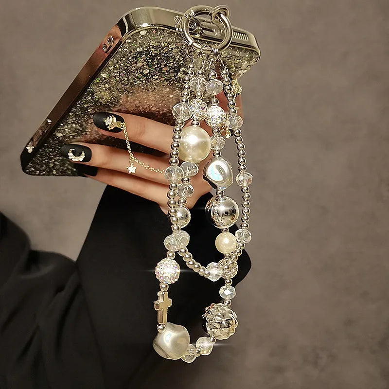 Short Mobile Phone Lanyard Luxurious Pearl Crystal Diamond Bead Hand-Held Double Chain Wristband Phone Case Hanging Decoration