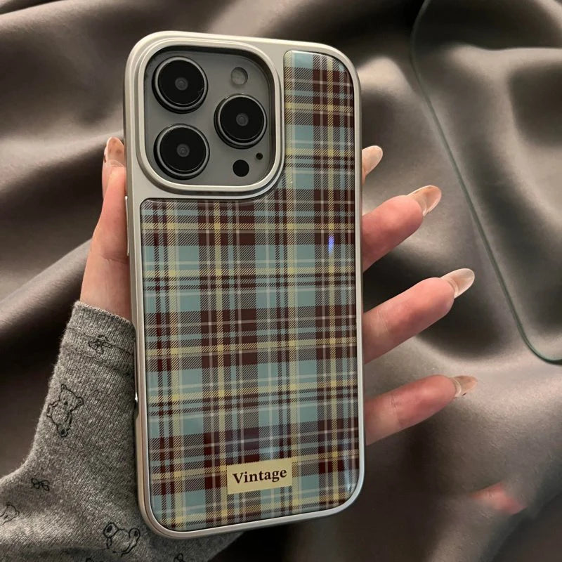 INS Simple Pink Grid Electroplated Drop Glue Soft Phone Case For iPhone 16 15 14 13 12 11 17 Pro Max 16 15 14 13 Pro 17Air Cover