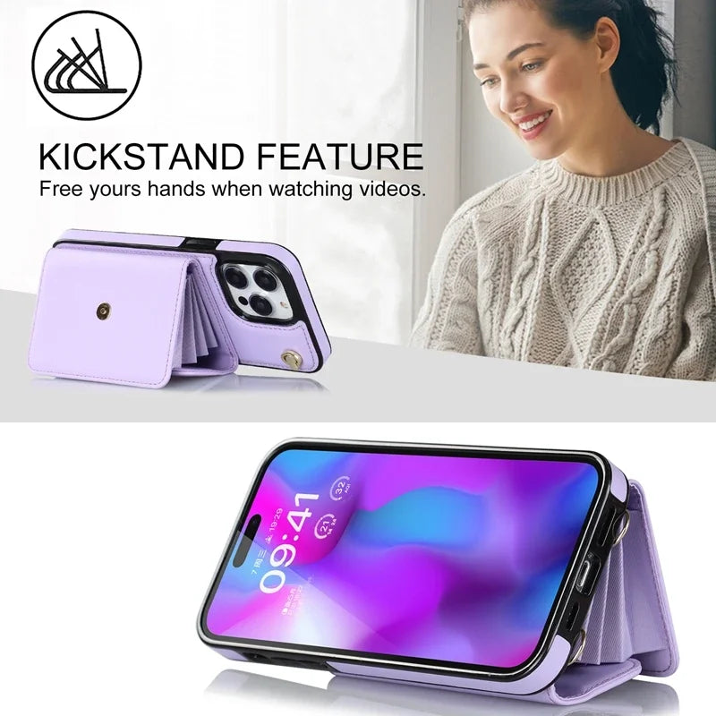 Wallet Case For iPhone 16 Pro Max 15 Plus 14 13 Mini 12 11 SE3/2022 SE2/2020 XS XR 8 7 Diagonal Strap With Bracket Leather Cover