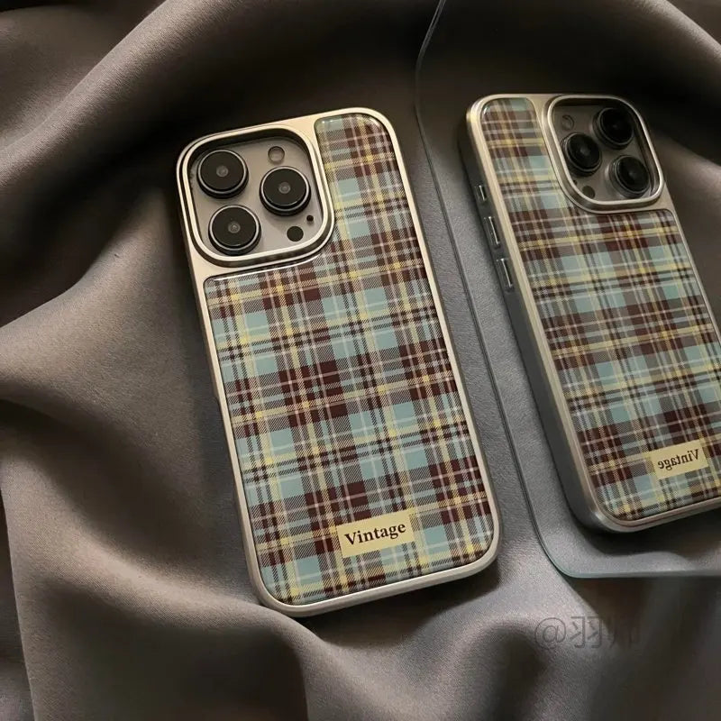 INS Simple Pink Grid Electroplated Drop Glue Soft Phone Case For iPhone 16 15 14 13 12 11 17 Pro Max 16 15 14 13 Pro 17Air Cover