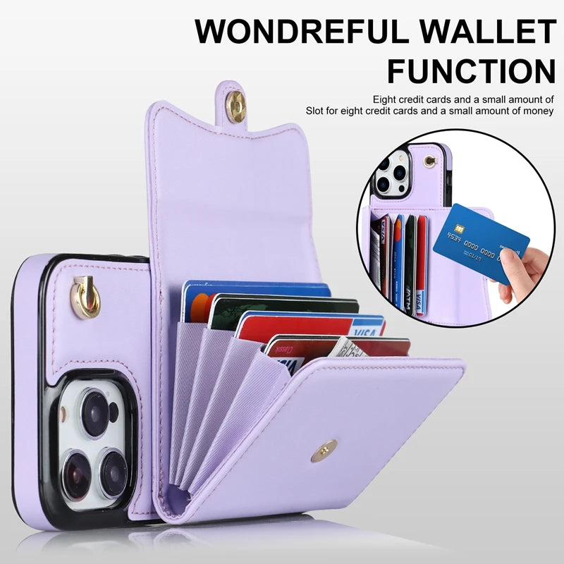 Wallet Case For iPhone 16 Pro Max 15 Plus 14 13 Mini 12 11 SE3/2022 SE2/2020 XS XR 8 7 Diagonal Strap With Bracket Leather Cover