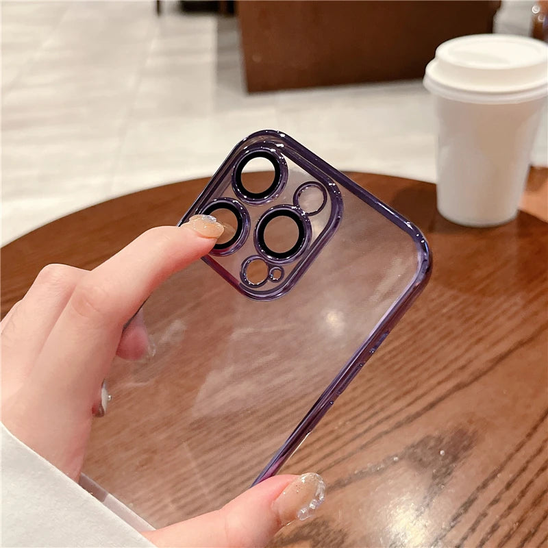 Luxury Plating Clear Silicone Phone Case For iPhone 16 17 15 14 13 12 11 Pro XR XS Max Mini Plus Lens Protection Case Back Cover