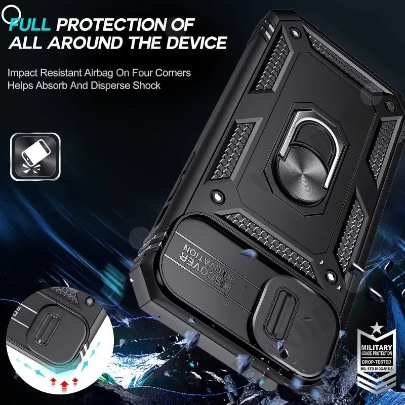 Case For iPhone 17 16 16e 15 14 13 12 11 Pro Max Plus Mini XS XR 8 Plus 8 7 SE Heavy Duty with Camera 360 Degree Kickstand Cover