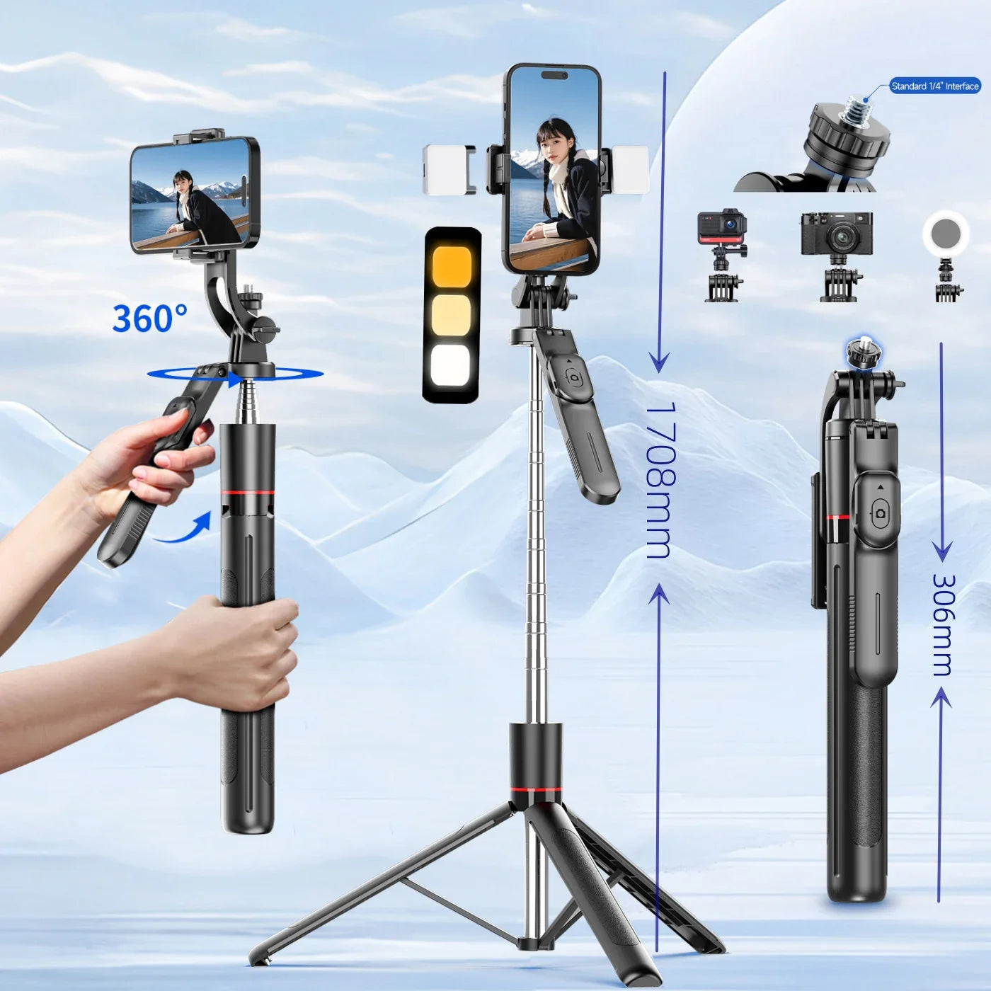 Selfie Stick 1.7 Meter Ultra Long Stretch Portable Phone Holder Bluetooth Remote With Fill light Tripod Stand For Live Broadcas