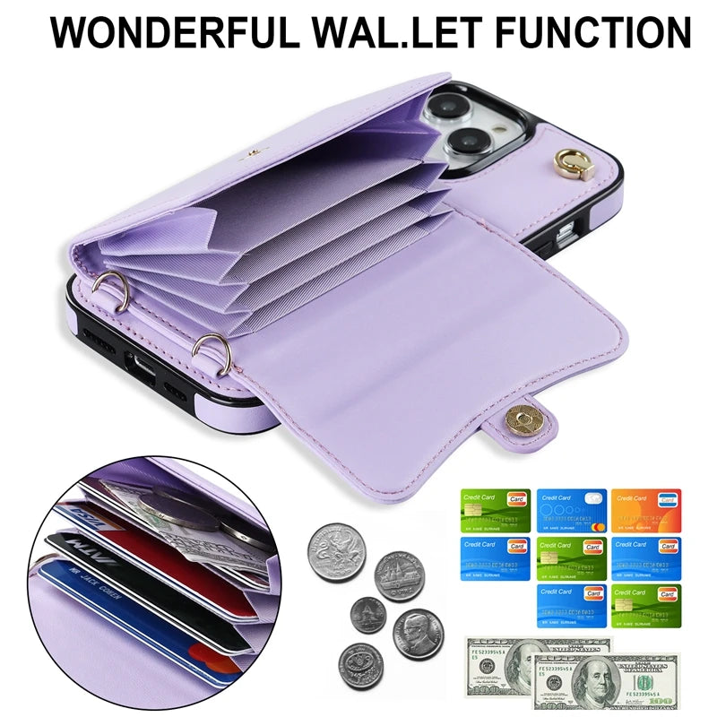 Wallet Case For iPhone 16 Pro Max 15 Plus 14 13 Mini 12 11 SE3/2022 SE2/2020 XS XR 8 7 Diagonal Strap With Bracket Leather Cover