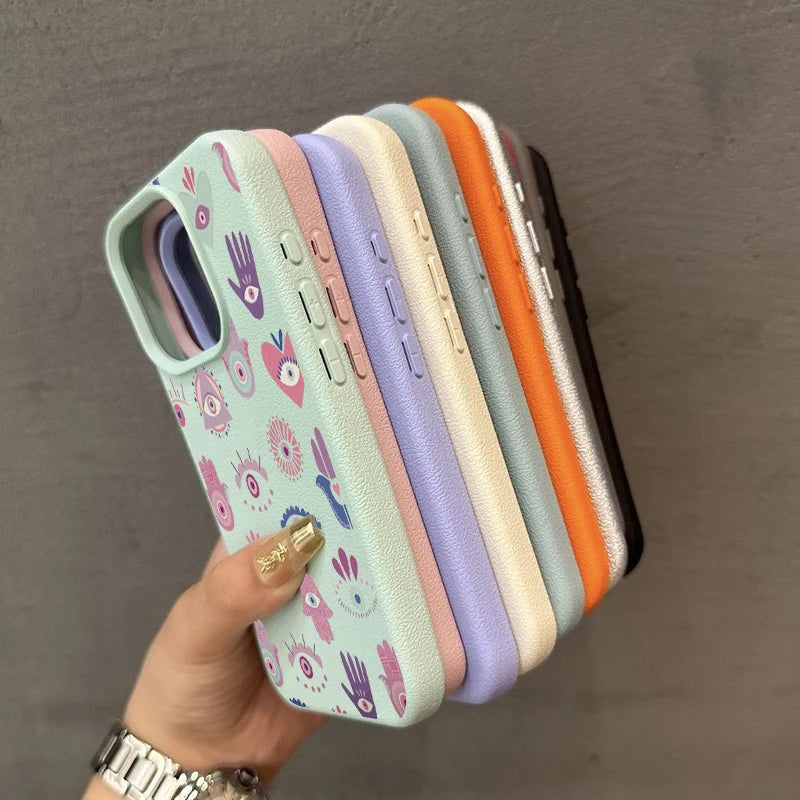 For iPhone 17 16 15 14 13 12 11 Pro Max Plus Case Pink Purple Eyes Lichee Pattern Silicone Cover For iPhone XS XR X 16e Funda