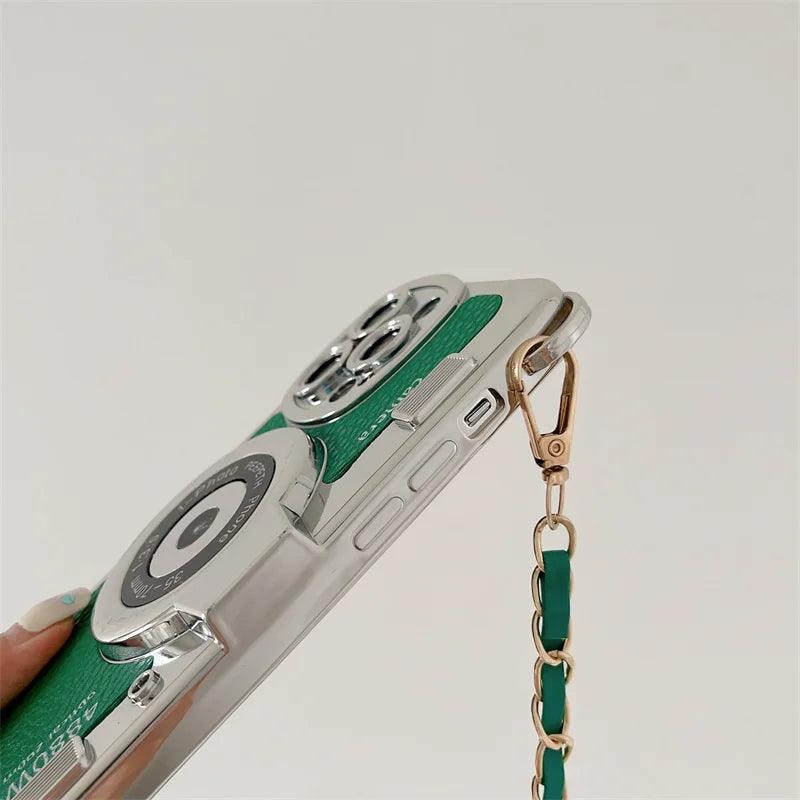 classic Emily In Paris Retro Camera For iPhone 14 16 plus 15 13 12 16 11 Pro Max aslant Lanyard Camera Phone Leather cover case