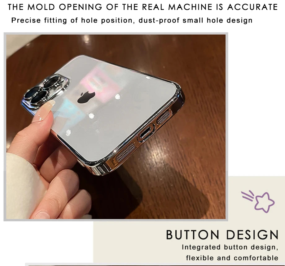 Luxury Plating Clear Silicone Phone Case For iPhone 16 17 15 14 13 12 11 Pro XR XS Max Mini Plus Lens Protection Case Back Cover