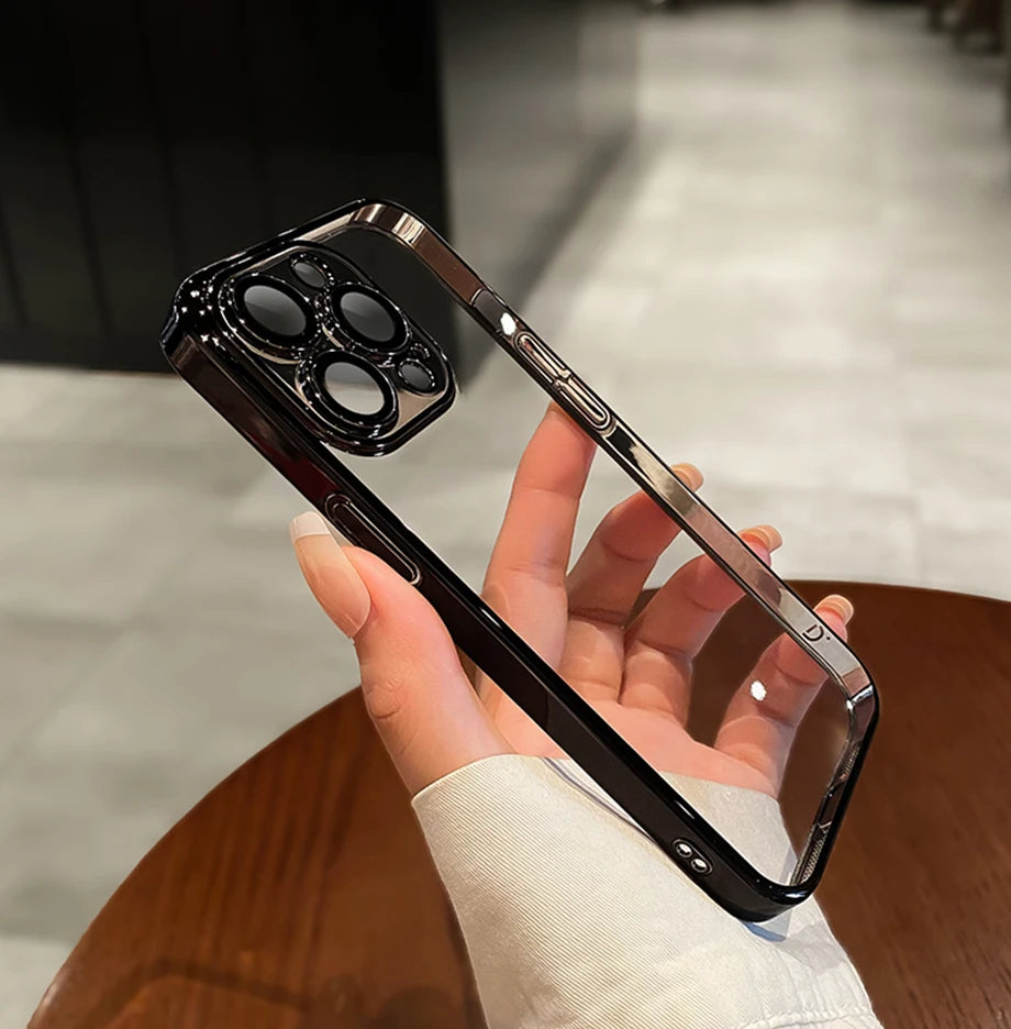 Luxury Plating Clear Silicone Phone Case For iPhone 16 17 15 14 13 12 11 Pro XR XS Max Mini Plus Lens Protection Case Back Cover