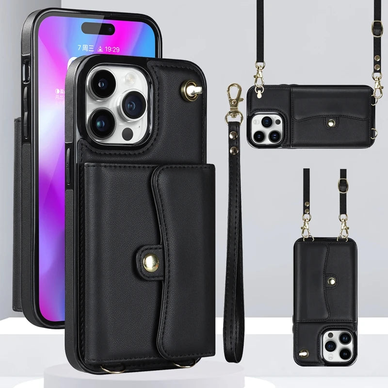 Wallet Case For iPhone 16 Pro Max 15 Plus 14 13 Mini 12 11 SE3/2022 SE2/2020 XS XR 8 7 Diagonal Strap With Bracket Leather Cover