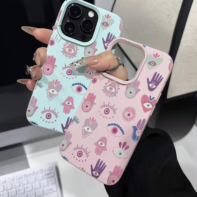 For iPhone 17 16 15 14 13 12 11 Pro Max Plus Case Pink Purple Eyes Lichee Pattern Silicone Cover For iPhone XS XR X 16e Funda