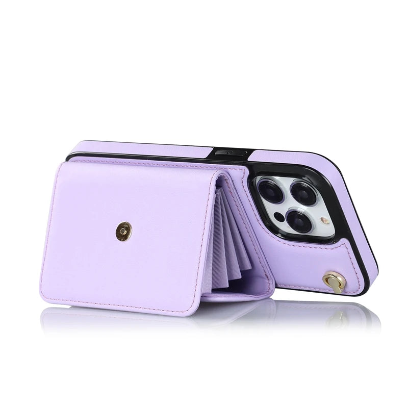 Wallet Case For iPhone 16 Pro Max 15 Plus 14 13 Mini 12 11 SE3/2022 SE2/2020 XS XR 8 7 Diagonal Strap With Bracket Leather Cover