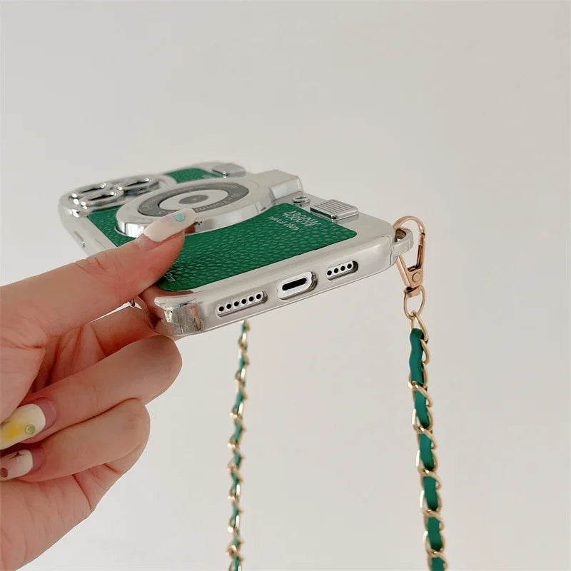 classic Emily In Paris Retro Camera For iPhone 14 16 plus 15 13 12 16 11 Pro Max aslant Lanyard Camera Phone Leather cover case