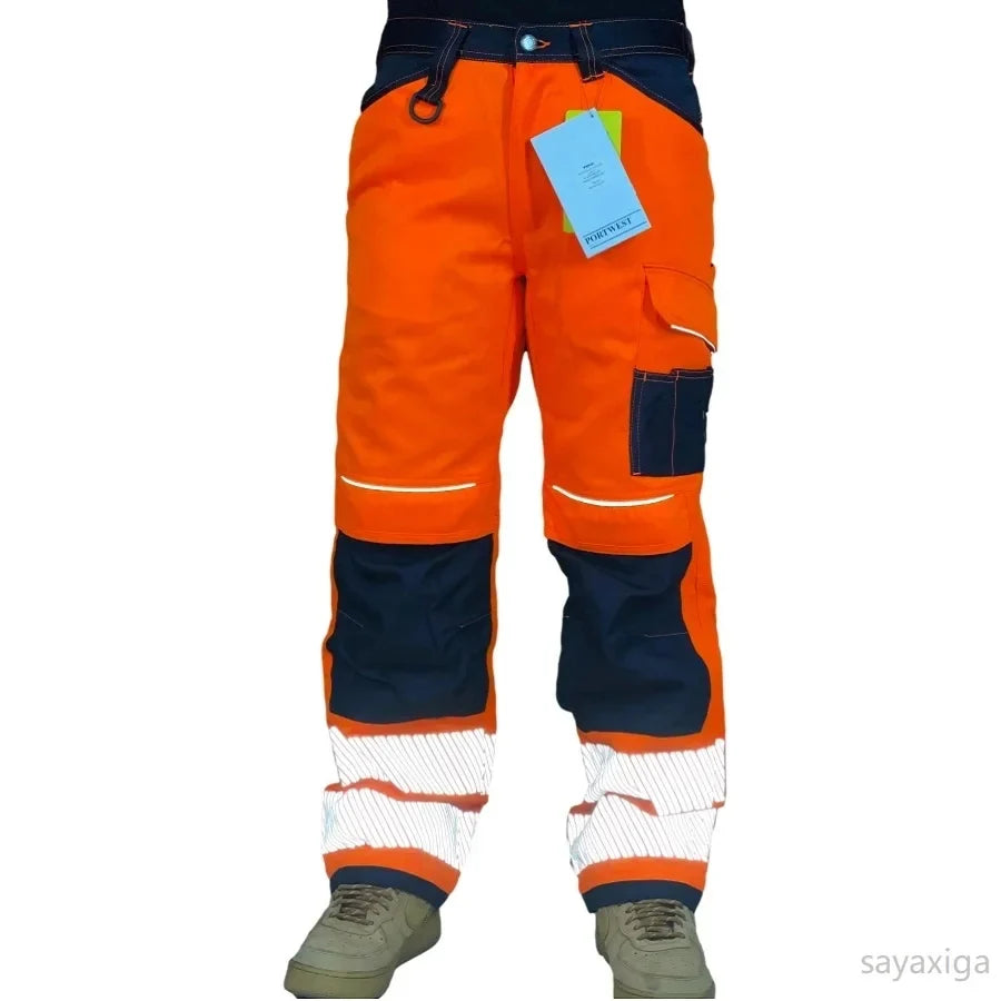 Reflective Stripe Pants Multi Pockets Cotton Construction Work Pants for Men Ouddoor Road Workwear Trousers Safety Cargo Pants
