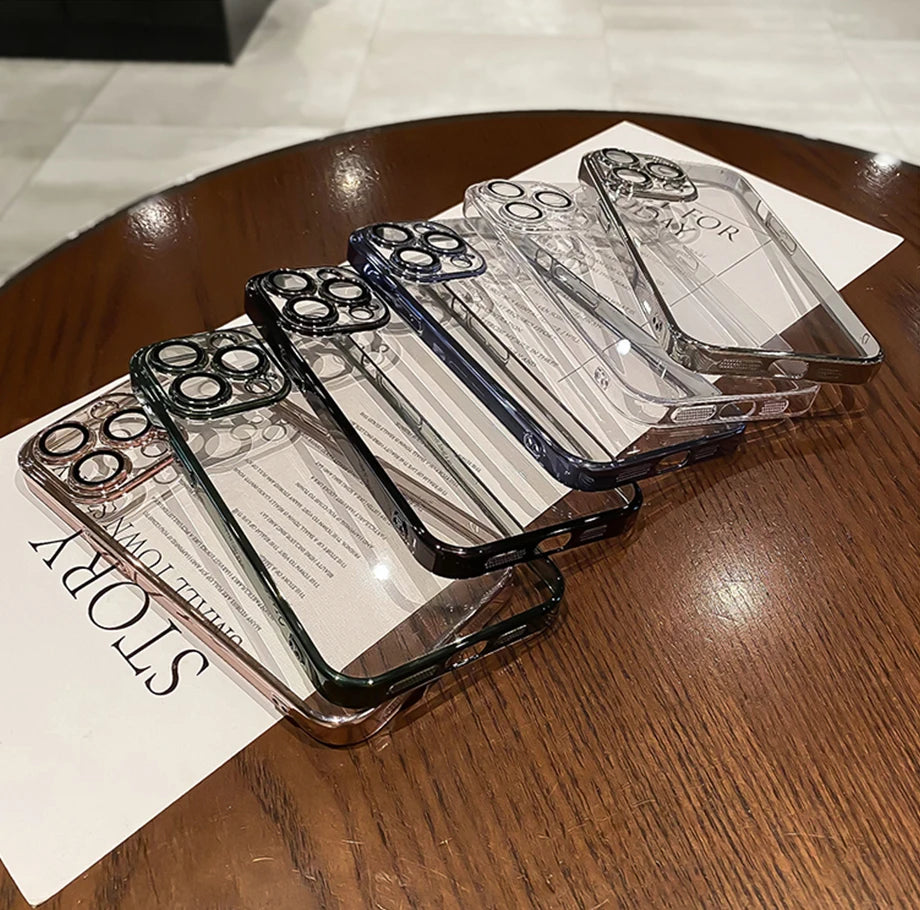 Luxury Plating Clear Silicone Phone Case For iPhone 16 17 15 14 13 12 11 Pro XR XS Max Mini Plus Lens Protection Case Back Cover