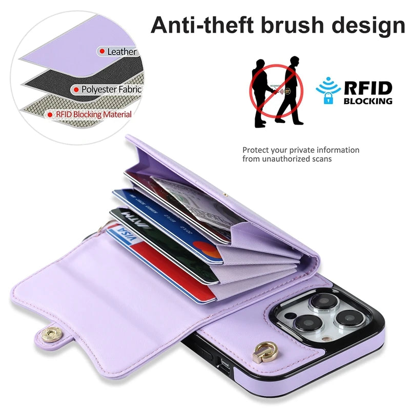 Wallet Case For iPhone 16 Pro Max 15 Plus 14 13 Mini 12 11 SE3/2022 SE2/2020 XS XR 8 7 Diagonal Strap With Bracket Leather Cover