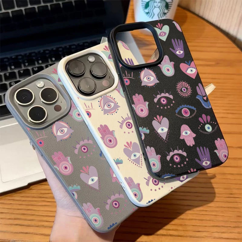 For iPhone 17 16 15 14 13 12 11 Pro Max Plus Case Pink Purple Eyes Lichee Pattern Silicone Cover For iPhone XS XR X 16e Funda