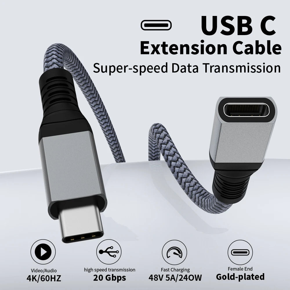 USB C Extension Cable Audio/Video 4K@60HZ Type-C Male To Female USB 3.2 Extender Cable For Macbook Pro Air 20Gbps USB Data Cable