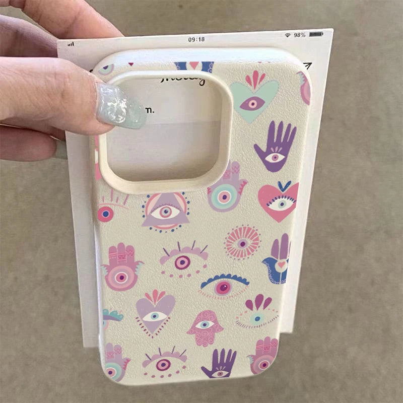 For iPhone 17 16 15 14 13 12 11 Pro Max Plus Case Pink Purple Eyes Lichee Pattern Silicone Cover For iPhone XS XR X 16e Funda