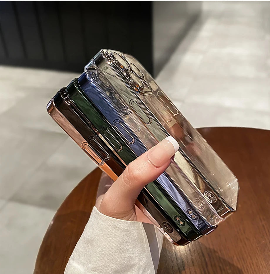 Luxury Plating Clear Silicone Phone Case For iPhone 16 17 15 14 13 12 11 Pro XR XS Max Mini Plus Lens Protection Case Back Cover
