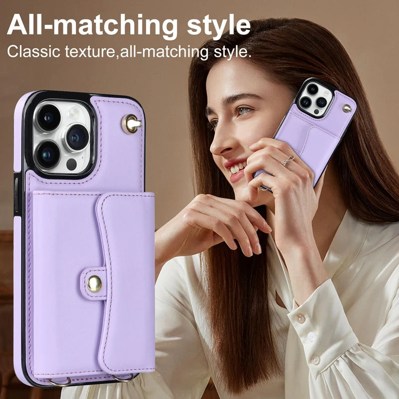 Wallet Case For iPhone 16 Pro Max 15 Plus 14 13 Mini 12 11 SE3/2022 SE2/2020 XS XR 8 7 Diagonal Strap With Bracket Leather Cover