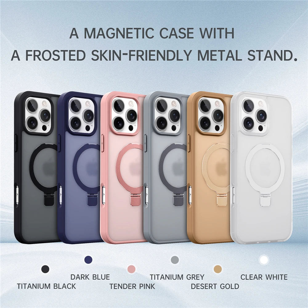 Matte Metal Ring Magnetic Phone Case for Magsafe IPhone 11 12 13 14 15 16 17 Air Pro Max Plus 17Pro KickStand Holder Cover