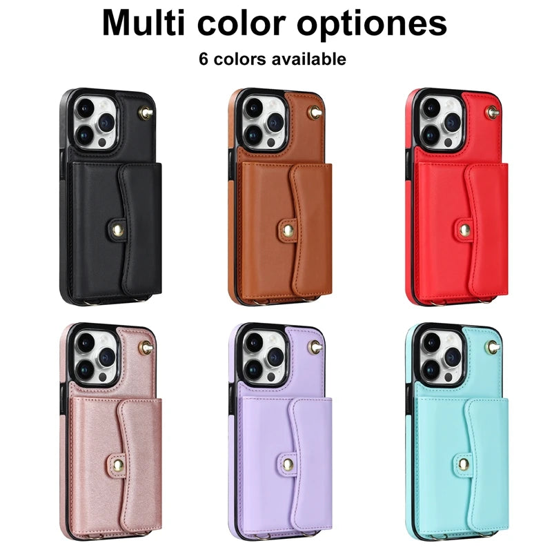 Wallet Case For iPhone 16 Pro Max 15 Plus 14 13 Mini 12 11 SE3/2022 SE2/2020 XS XR 8 7 Diagonal Strap With Bracket Leather Cover