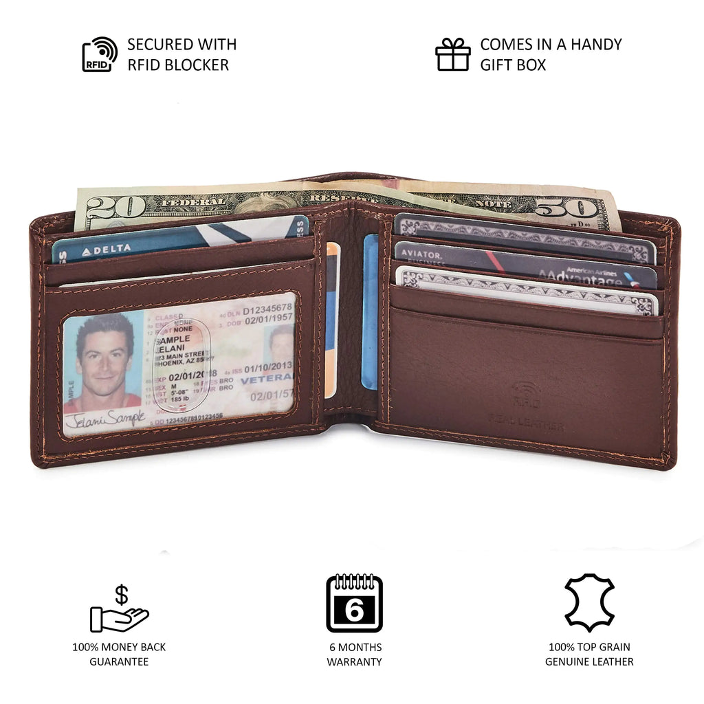 Real Leather Mens Bifold Wallet RFID