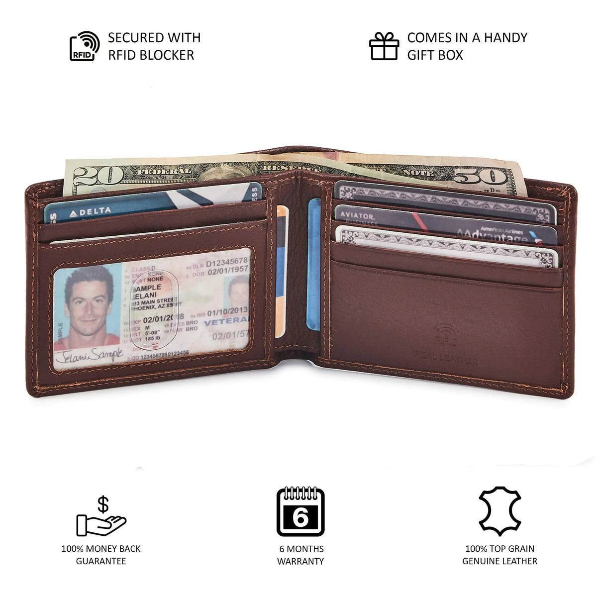 Real Leather Mens Bifold Wallet RFID