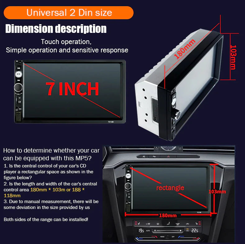 7" Double 2 DIN Car MP5 Player Bluetooth Touch Screen Stereo