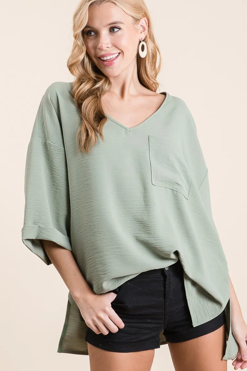 BiBi Flowy Woven V-Neck Top with Rolled Up Cuffs