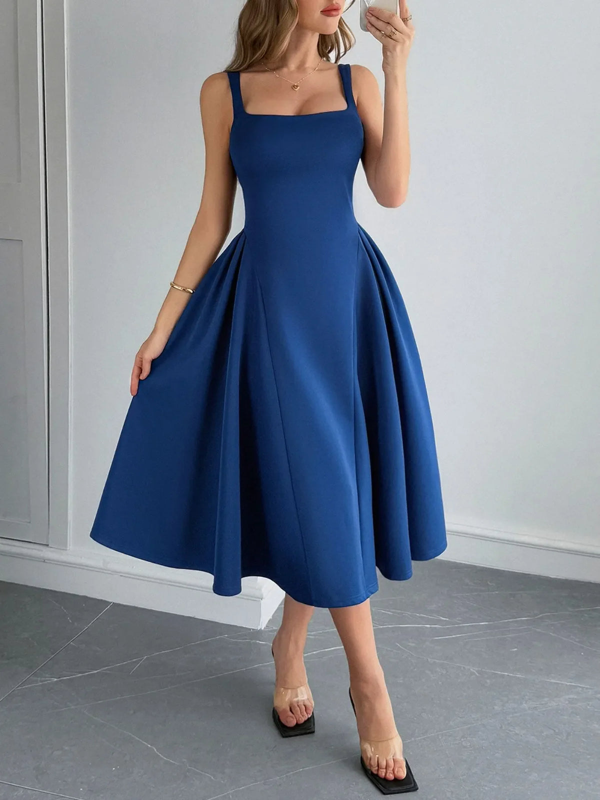 Square Neck Wide Strap Midi Dress