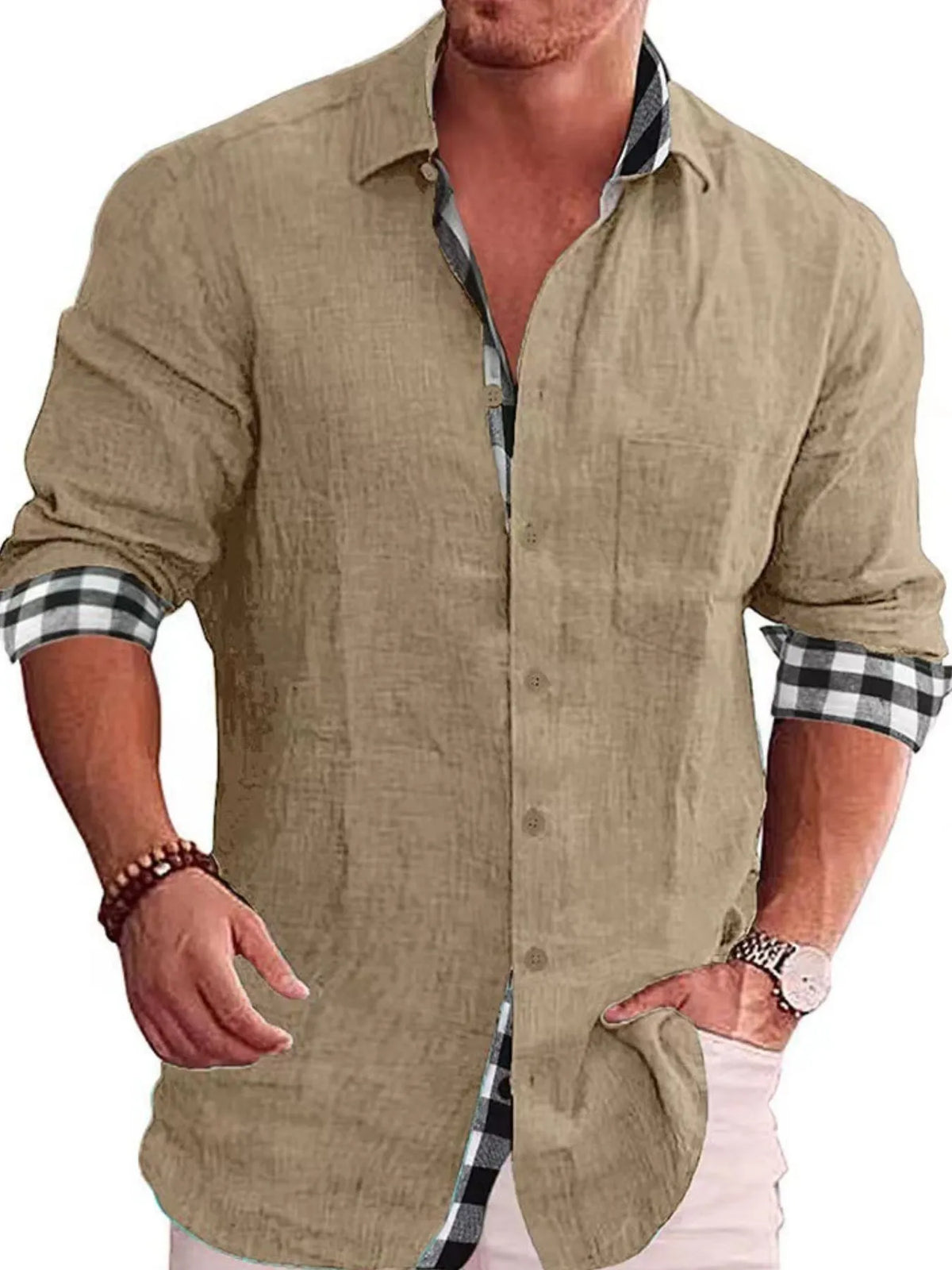 Men's Full Size Casual Linen Plaid-Trim Button Down Shirt Plus Size
