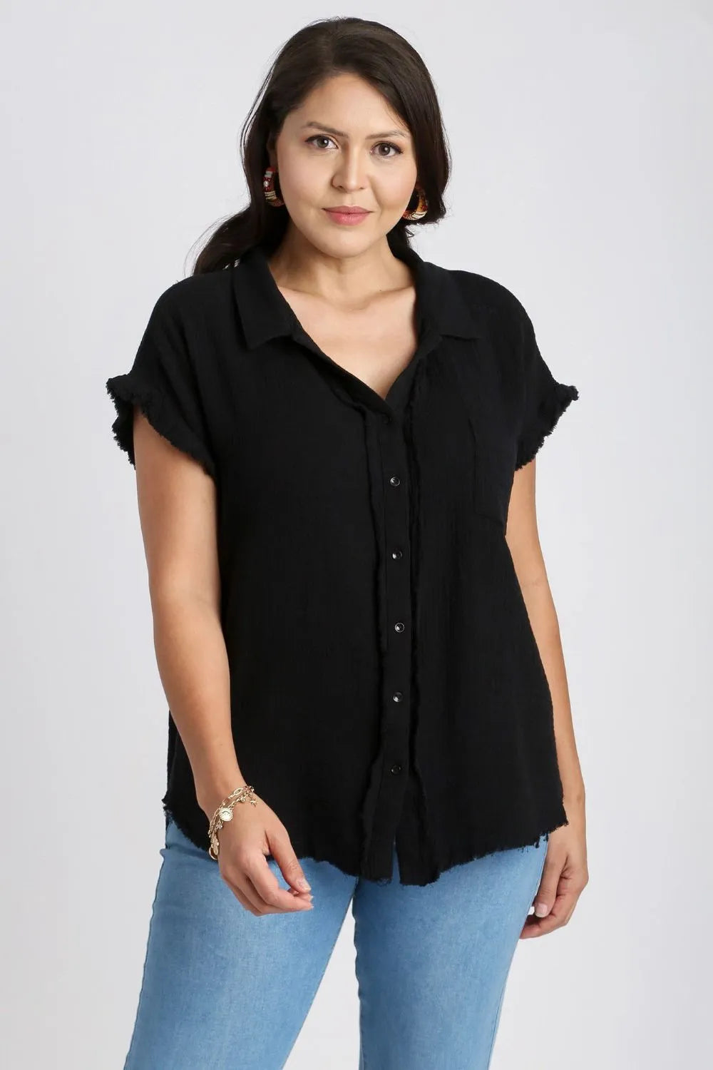 Umgee Full Size Frayed Hem Collared Neck Short Sleeve Shirt Plus