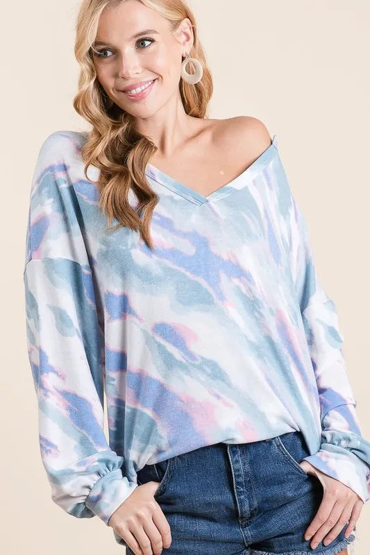 BiBi Tie Dye French Terry Top with Balloon Sleeves