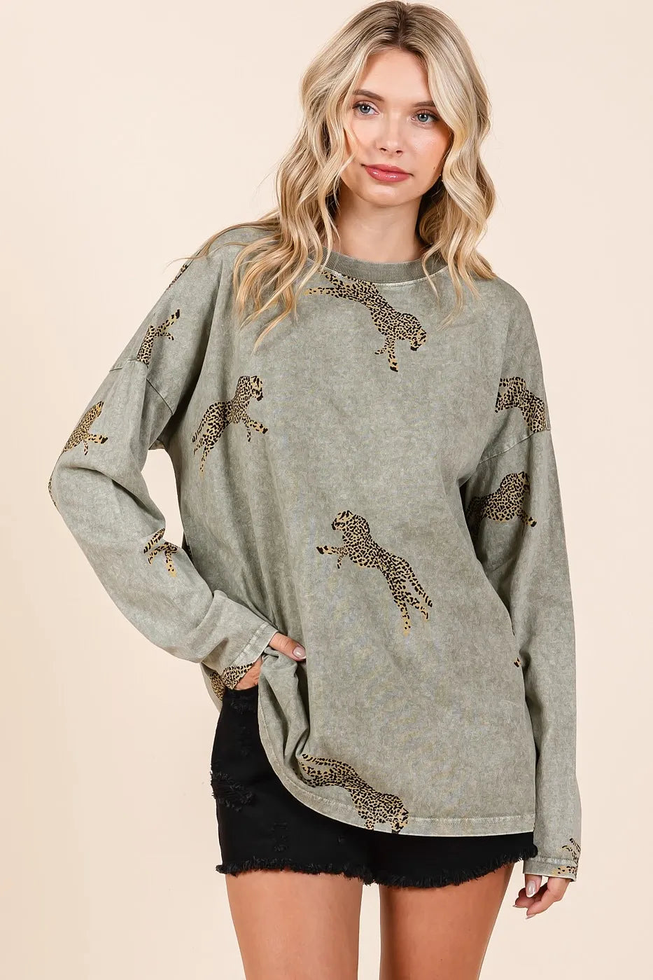 Mittoshop Mineral Wash Cheetah Print Long Sleeve Top