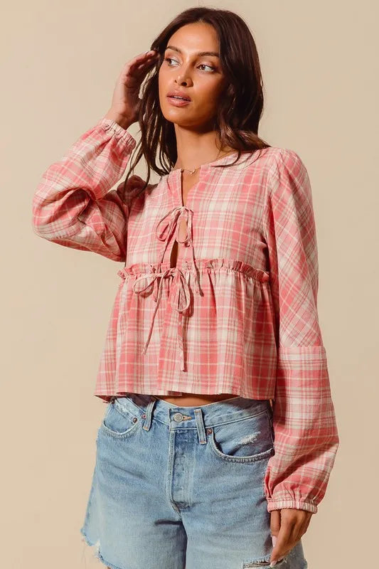 SO ME Front Tie Checkered Plaid Blouse