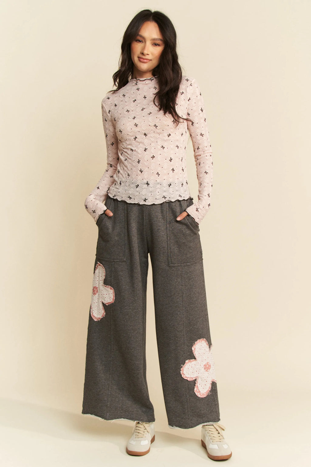 Davi & Dani Ribbon Bow Lace Hem Long Sleeve Mesh Layering Top