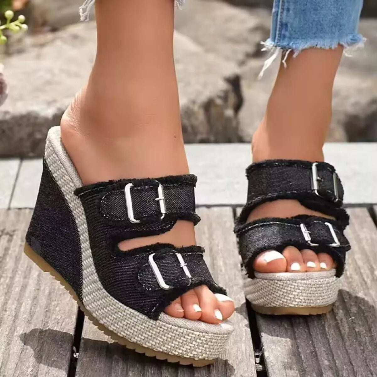 Buckle Open Toe Wedge Sandals